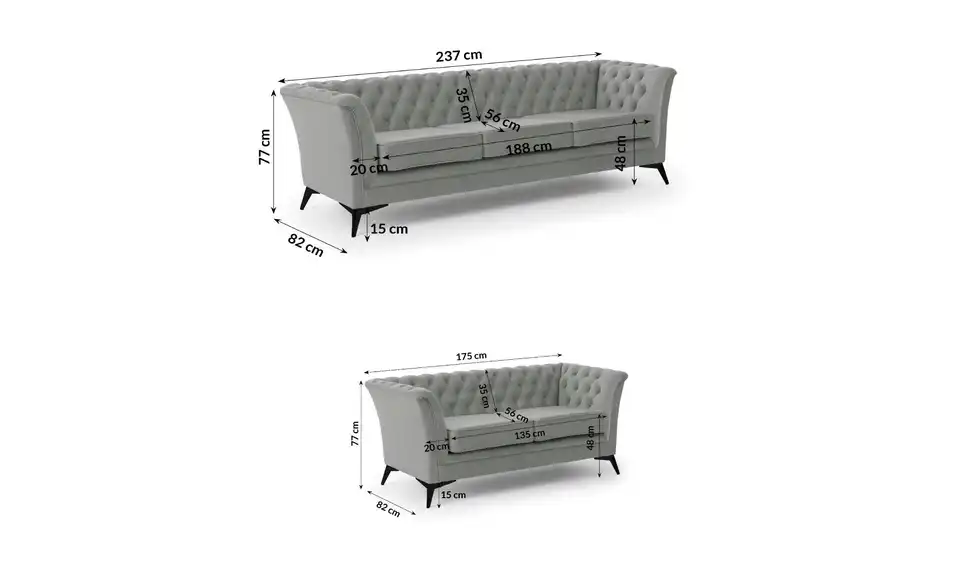Chesterfield Polstergarnitur 3+2 Wilhelm, Bemaßung