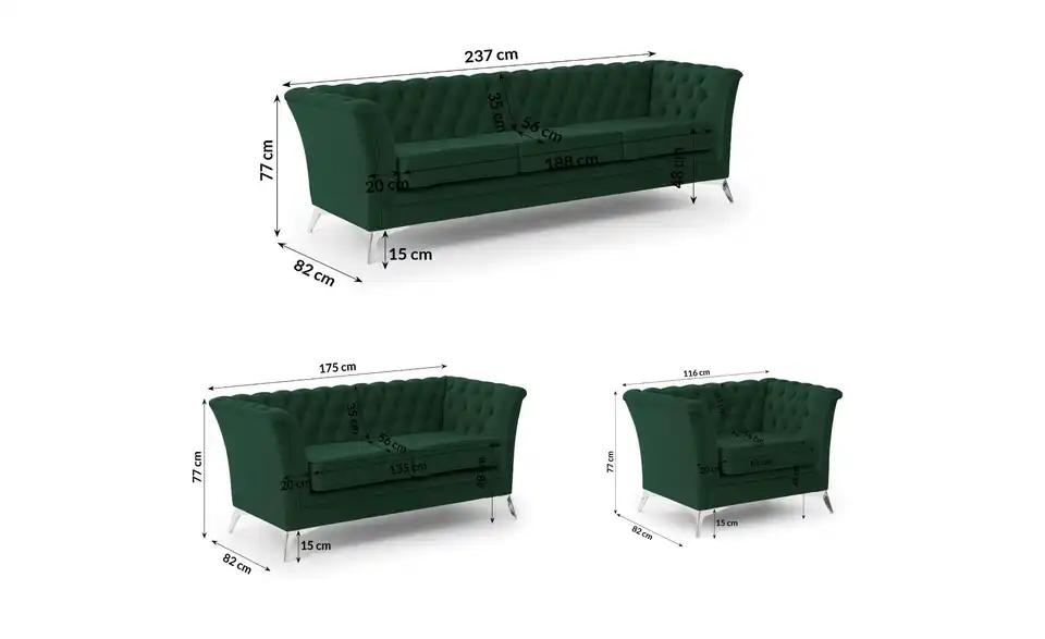 Chesterfield Polstergarnitur 3+2+1 Wilhelm, Bemaßung