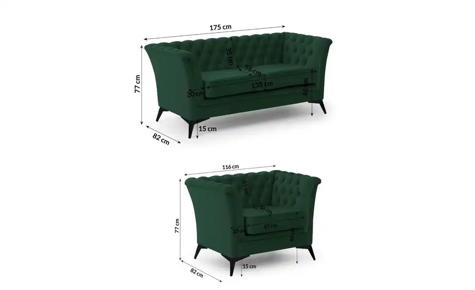 Polstergarnitur 2+1, Bemaßung