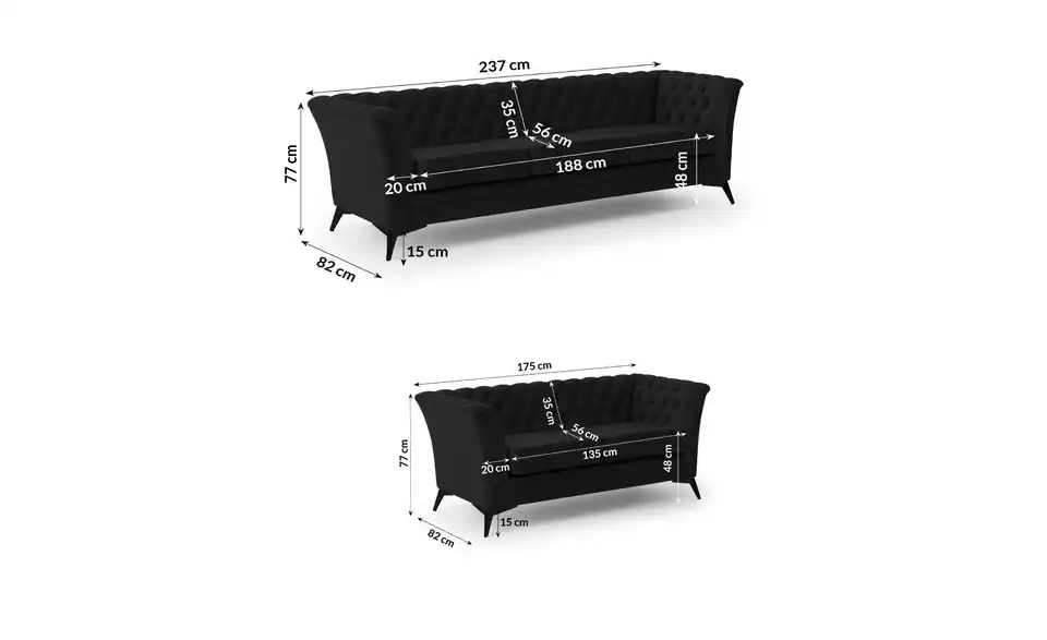 Chesterfield Polstergarnitur 3+2 Wilhelm, Bemaßung