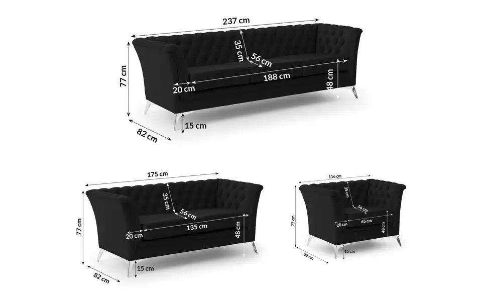 Chesterfield Polstergarnitur 3+2+1 Wilhelm, Bemaßung