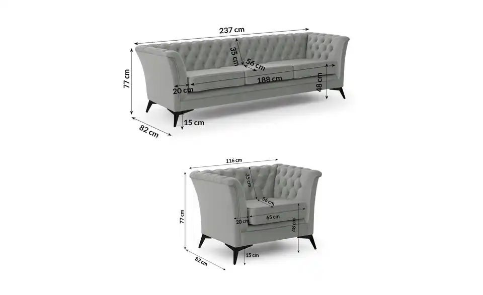 Chesterfield Polstergarnitur 3+1 Wilhelm, Bemaßung