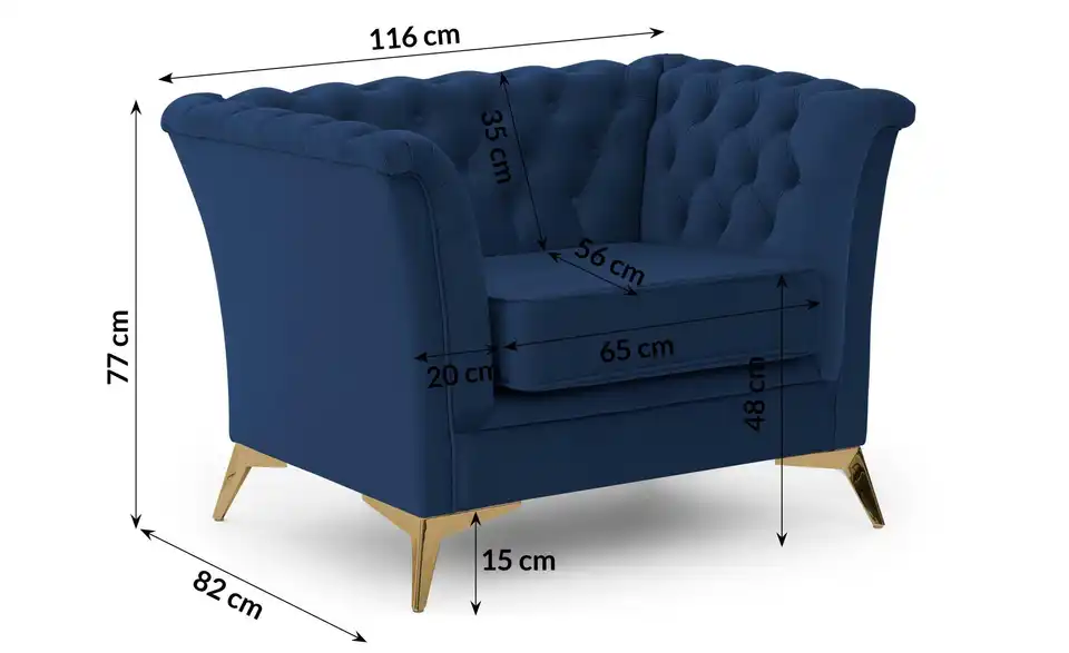 S-STYLE Chesterfield Sessel Wilhelm, Bemaßung