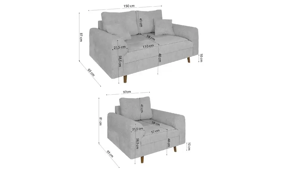 Polstergarnitur 2+1 Trygve, Bemaßung