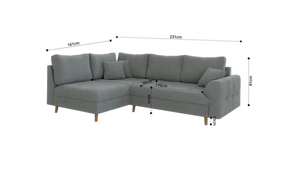 Ecksofa mit Hocker, Bemaßung