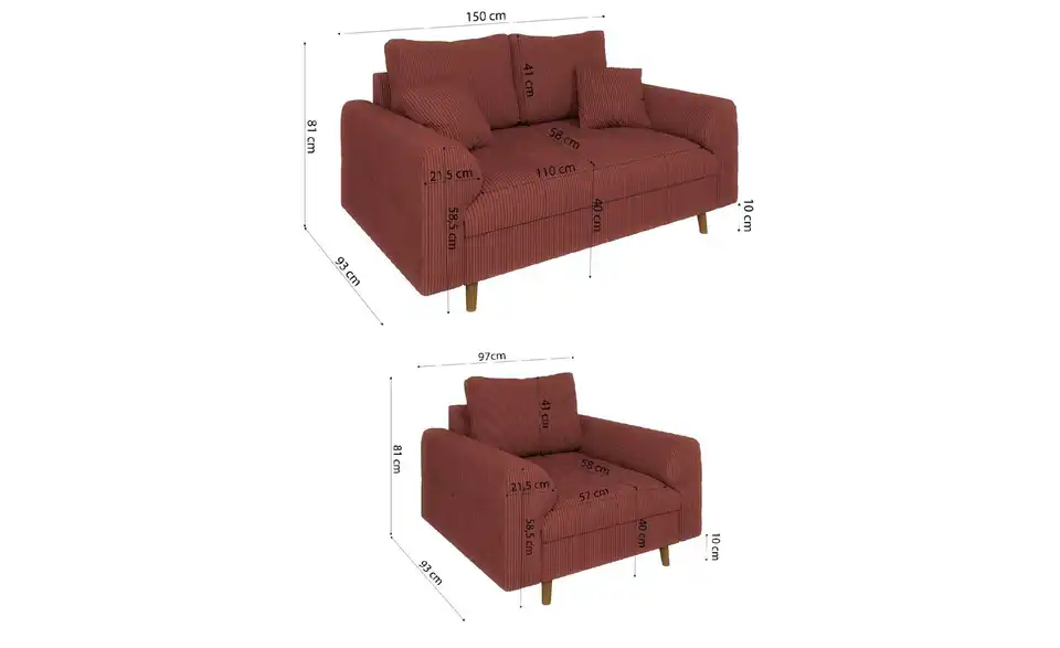 S-STYLE Polstergarnitur 2+1 Maya, Bemaßung