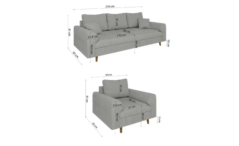 Polstergarnitur 3+1, Bemaßung