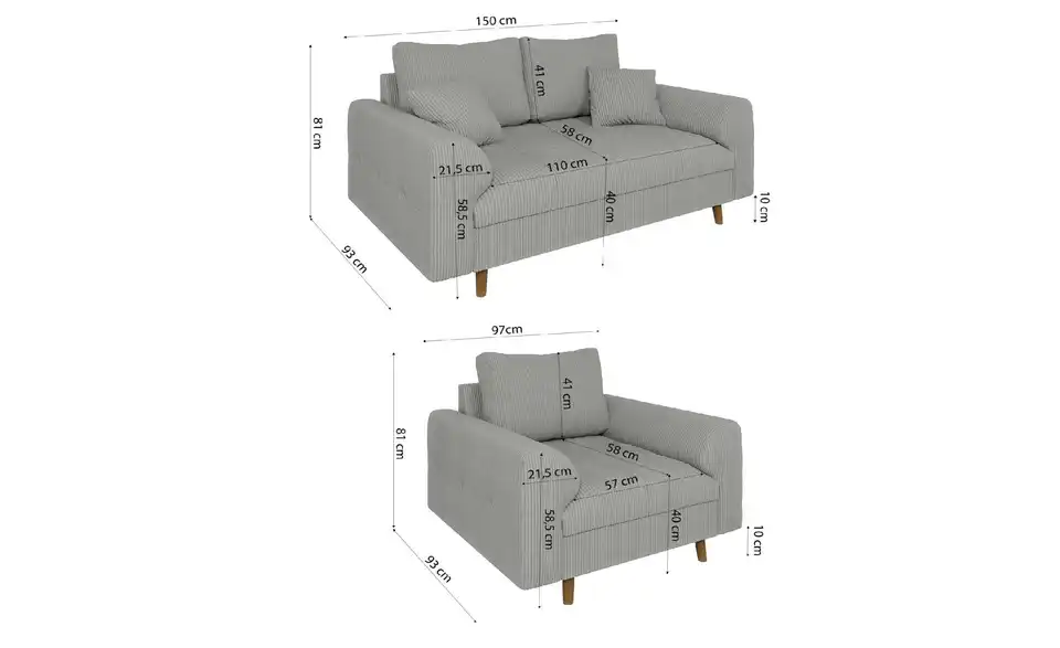 Polstergarnitur 2+1, Bemaßung