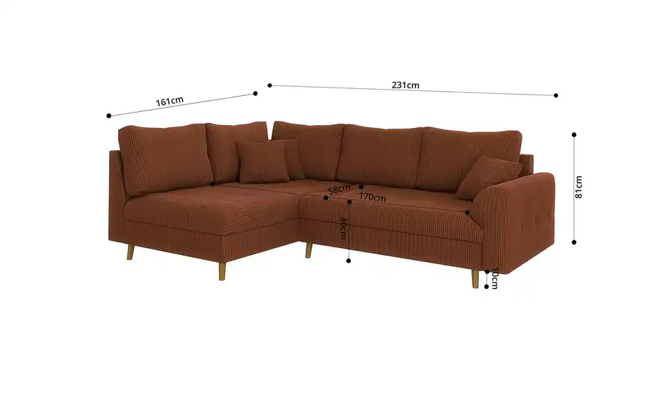 Ecksofa mit Hocker, Bemaßung