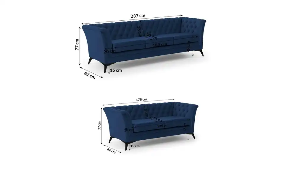 Chesterfield Polstergarnitur 3+2 Wilhelm, Bemaßung