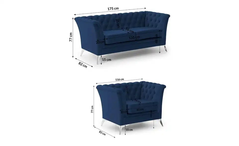 Polstergarnitur 2+1, Bemaßung