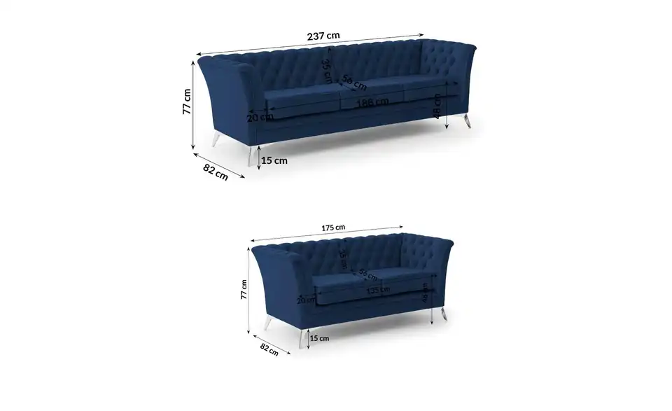 Chesterfield Polstergarnitur 3+2 Wilhelm, Bemaßung