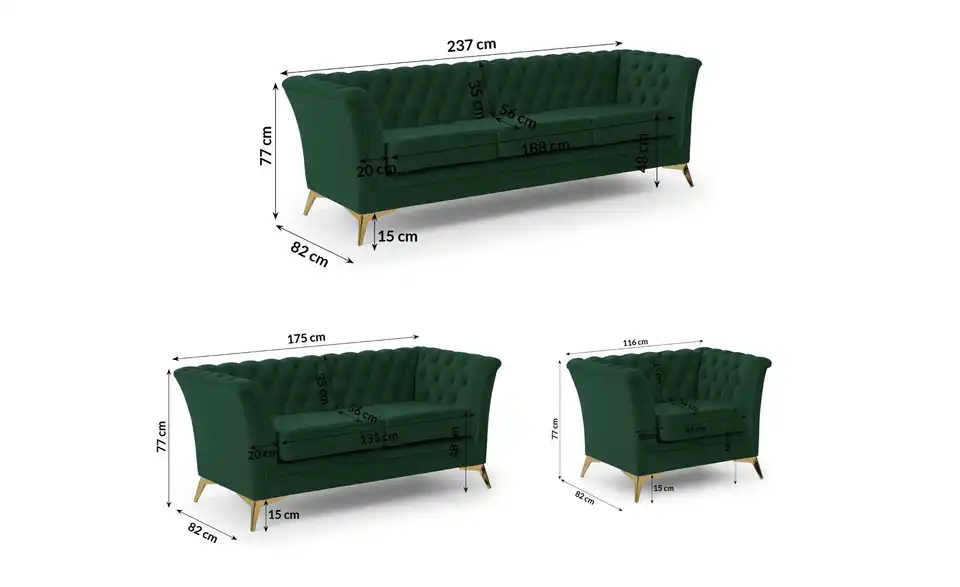 Chesterfield Polstergarnitur 3+2+1 Wilhelm, Bemaßung