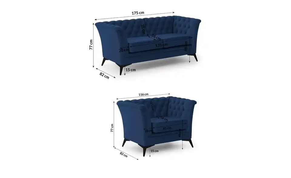S-STYLE Chesterfield Polstergarnitur 2+1 Wilhelm, Bemaßung