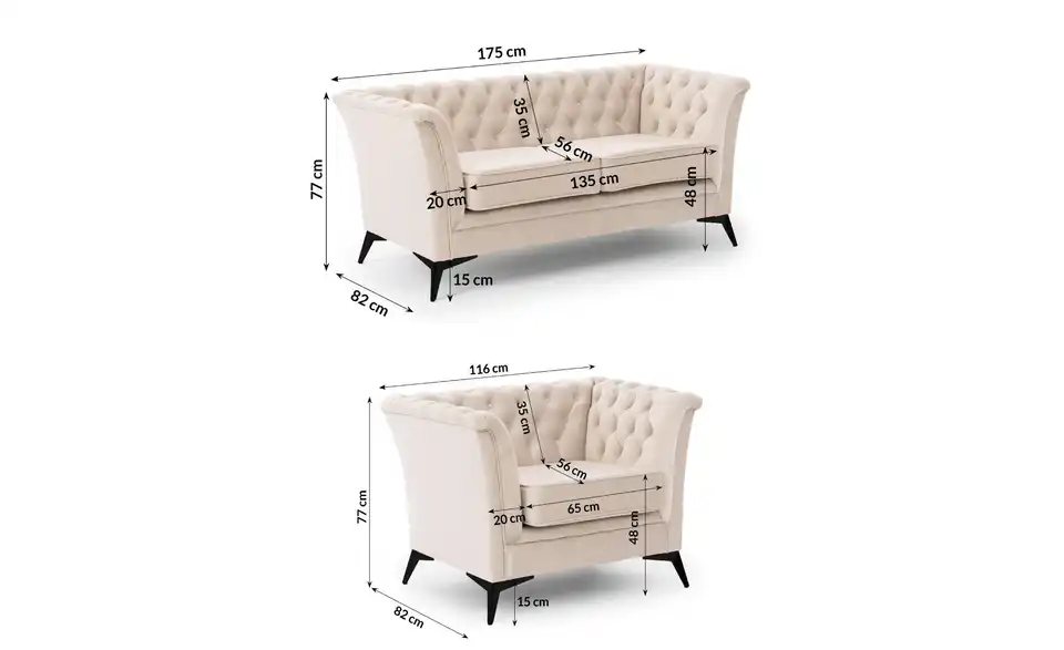 S-STYLE Chesterfield Polstergarnitur 2+1 Wilhelm, Bemaßung