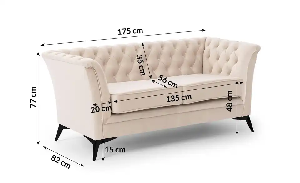 S-STYLE Chesterfield Einzelsofa Wilhelm, Bemaßung