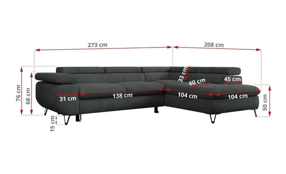 Ecksofa Peter, Bemaßung