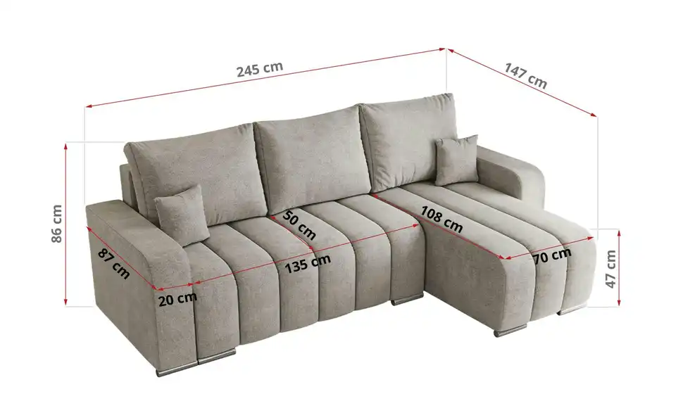 Ecksofa Hellgrau, Bemaßung