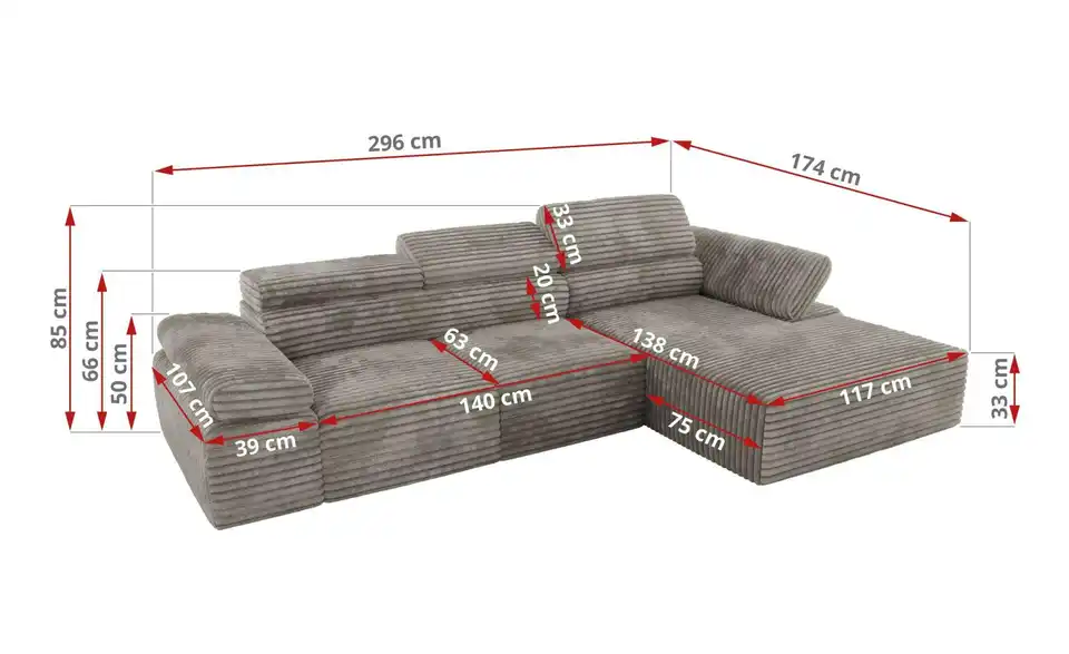 Ecksofa Grau Peter, Bemaßung
