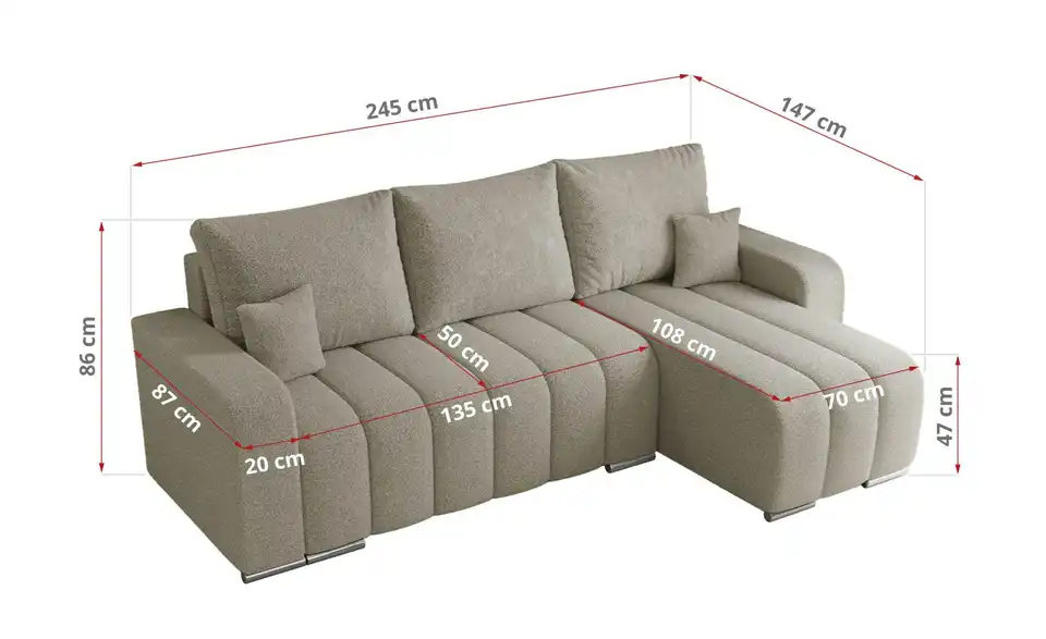 Ecksofa Hellgrau, Bemaßung