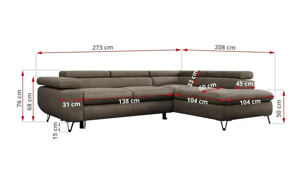 Ecksofa Braun Peter, Bemaßung