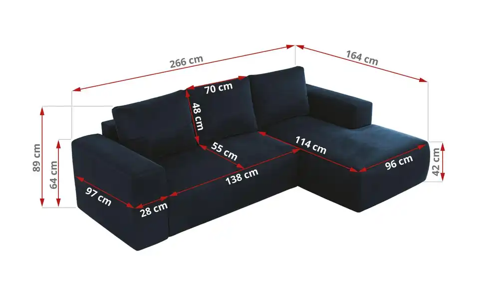 Ecksofa Dunkelblau, Bemaßung