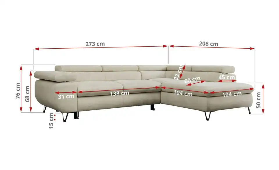Ecksofa Beige Peter, Bemaßung