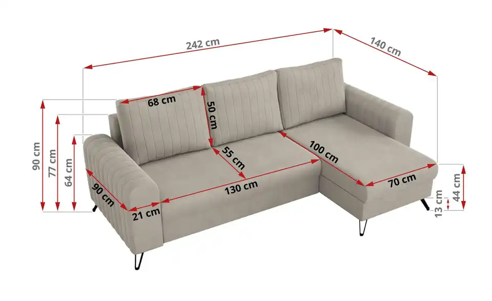 Ecksofa Dunkelbeige, Bemaßung