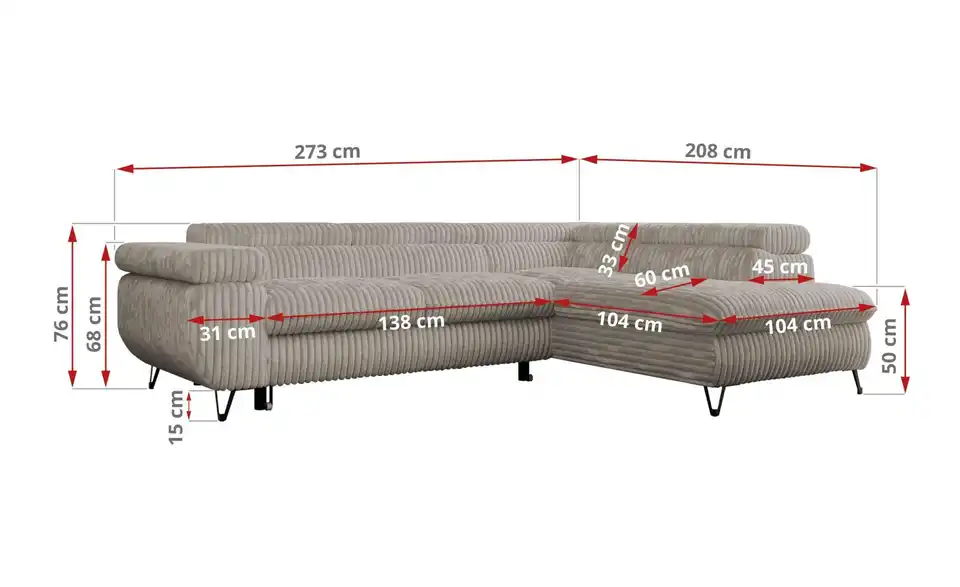 Ecksofa Grau Peter, Bemaßung