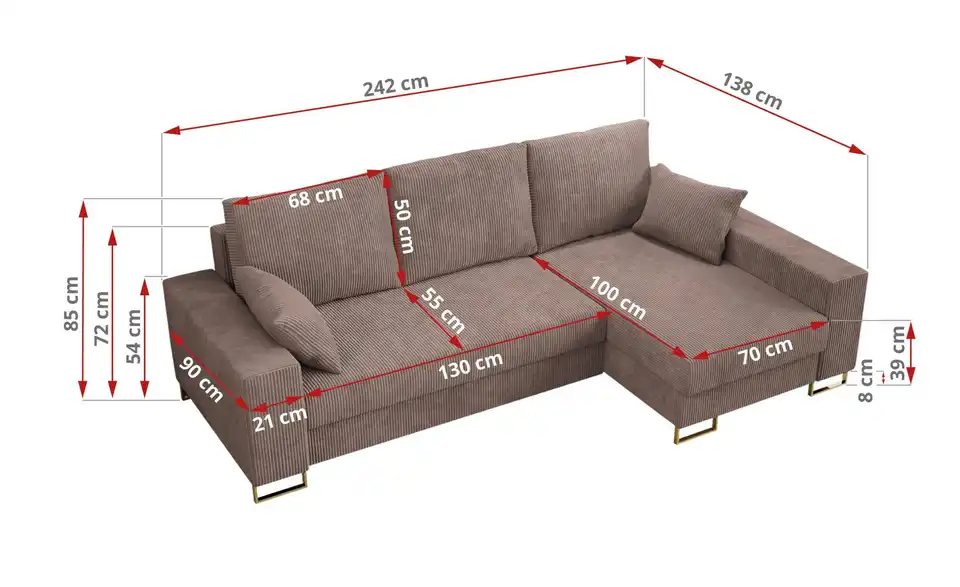 Ecksofa Rosa, Bemaßung