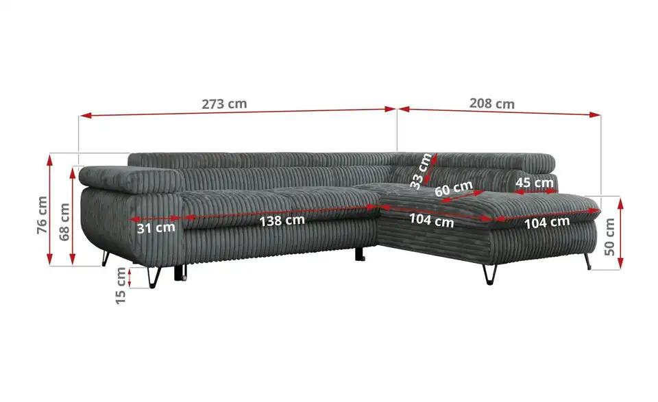 Ecksofa Dunkelgrau Peter, Bemaßung
