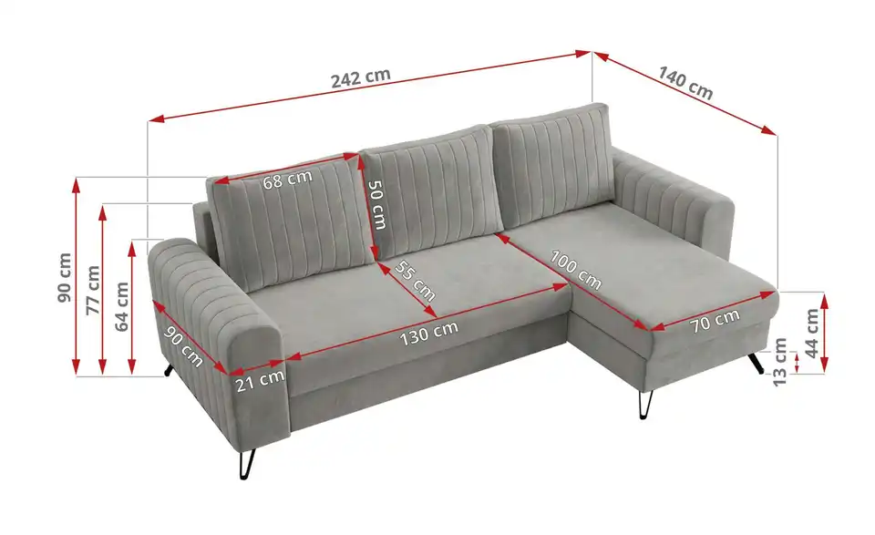 Ecksofa Hellgrau, Bemaßung