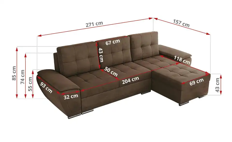 Ecksofa Braun, Bemaßung