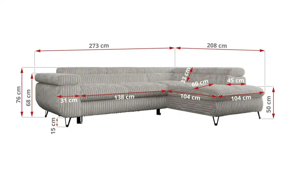 Ecksofa Hellgrau Peter, Bemaßung