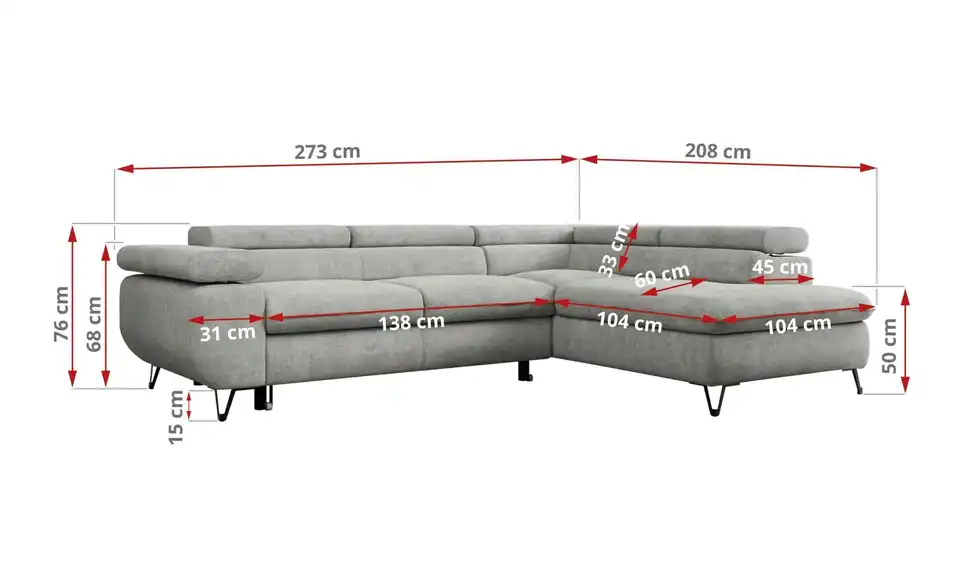 Ecksofa Hellgrau Peter, Bemaßung