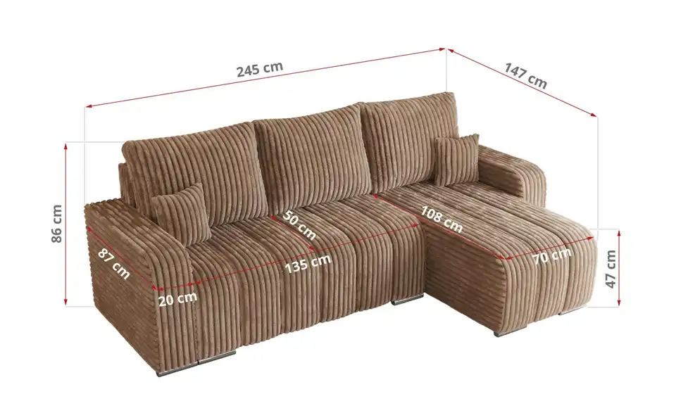 Ecksofa Braun, Bemaßung