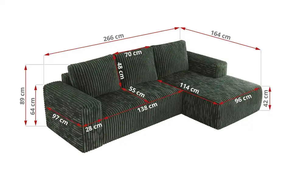 Ecksofa Grün, Bemaßung