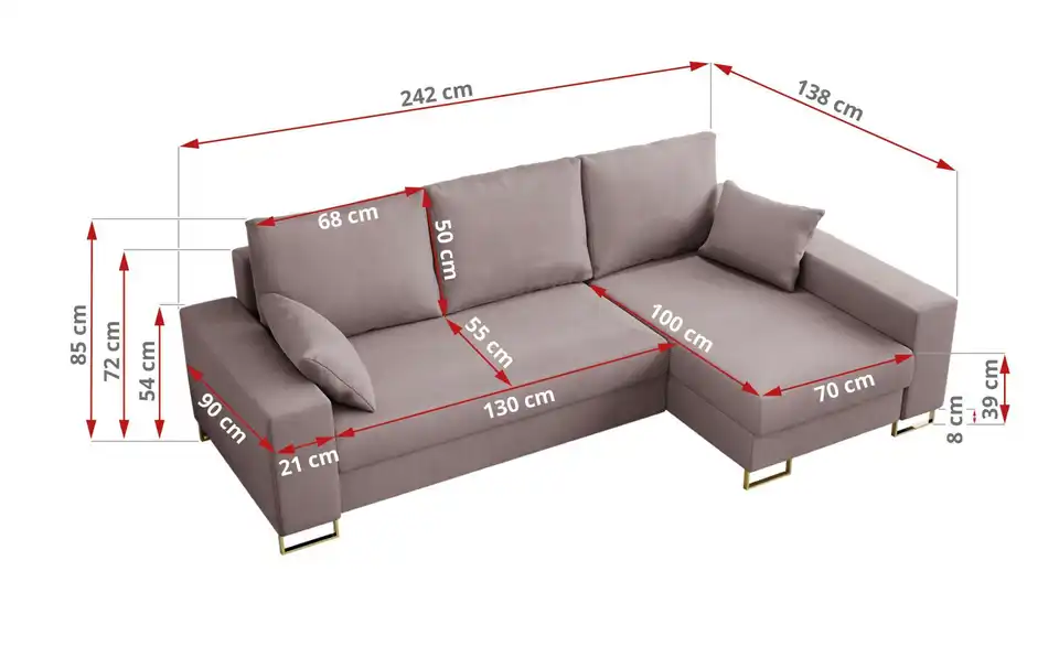 Ecksofa Rosa, Bemaßung