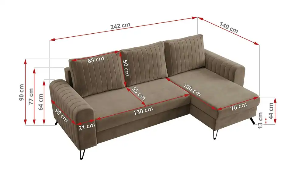 Ecksofa Braun, Bemaßung