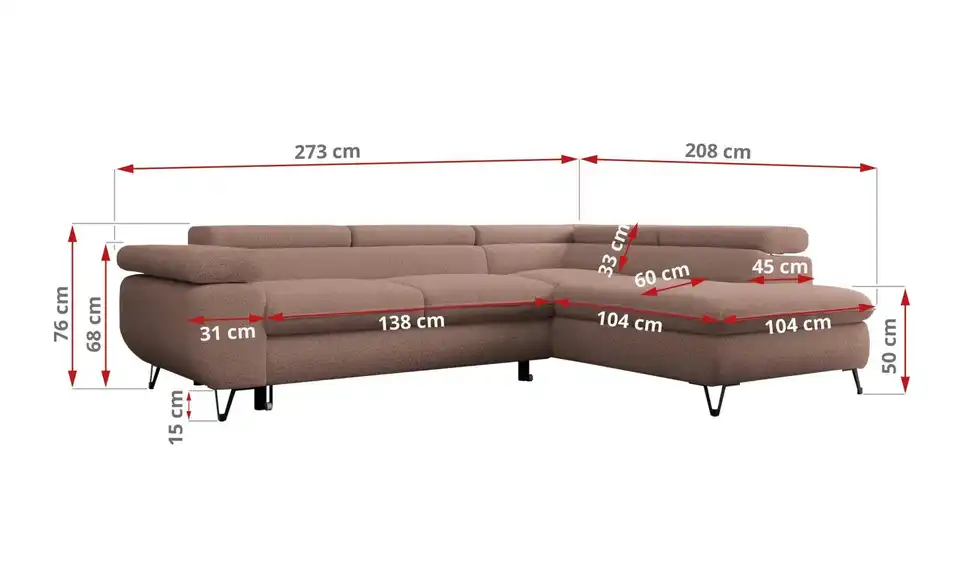 Ecksofa Rosa Peter, Bemaßung