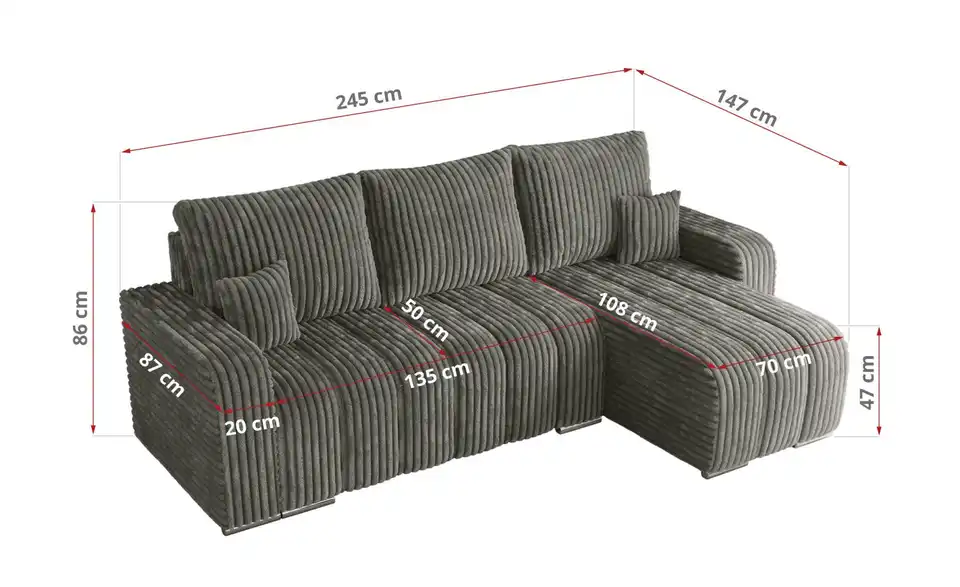 Ecksofa Dunkelgrau, Bemaßung