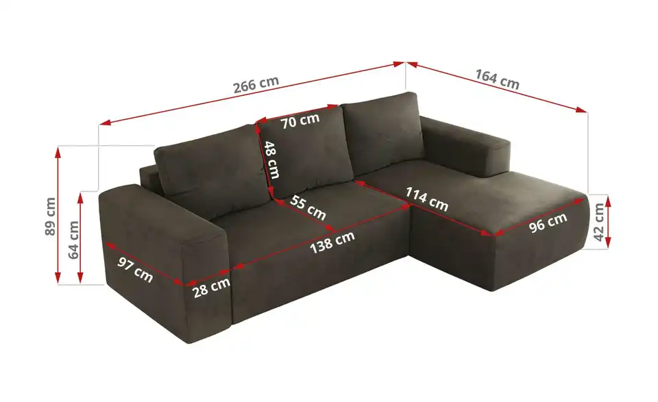 Ecksofa Dunkelgrau, Bemaßung