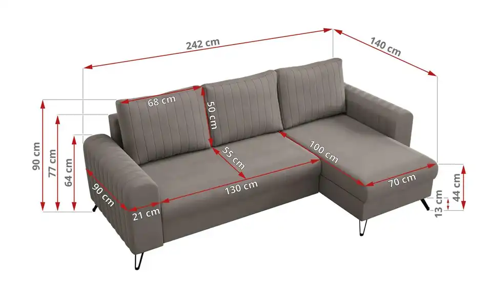 Ecksofa Hellbraun, Bemaßung