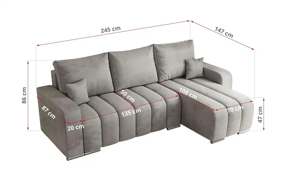 Ecksofa Hellgrau, Bemaßung