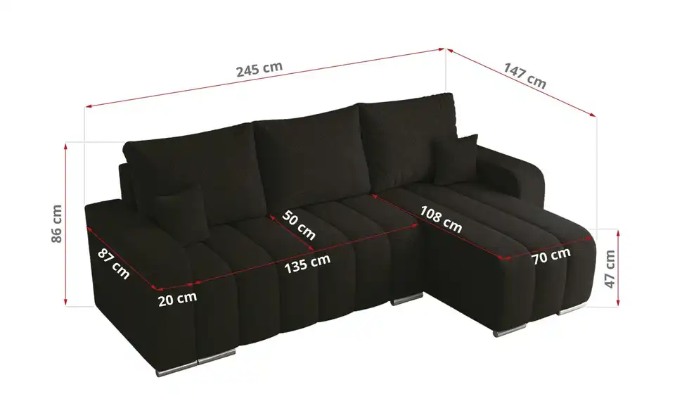 Ecksofa Schwarz, Bemaßung