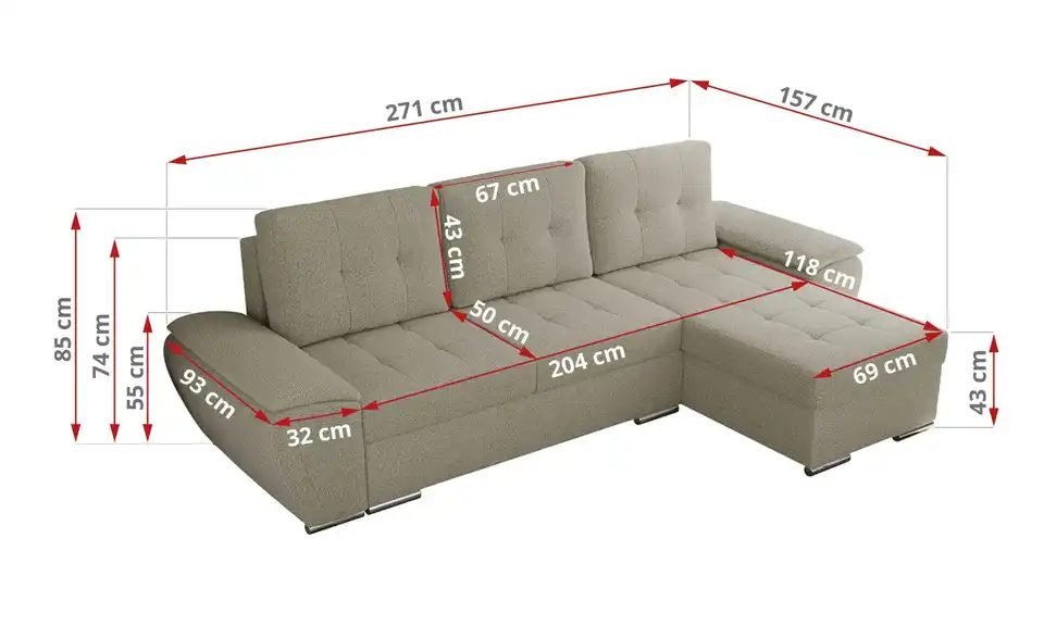 Ecksofa Hellgrau, Bemaßung