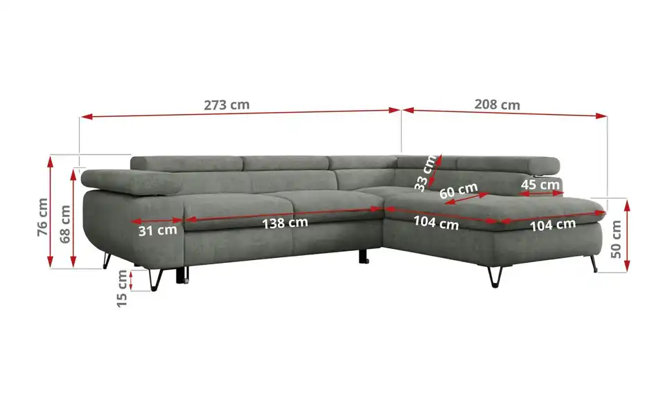 Ecksofa Grau Peter, Bemaßung