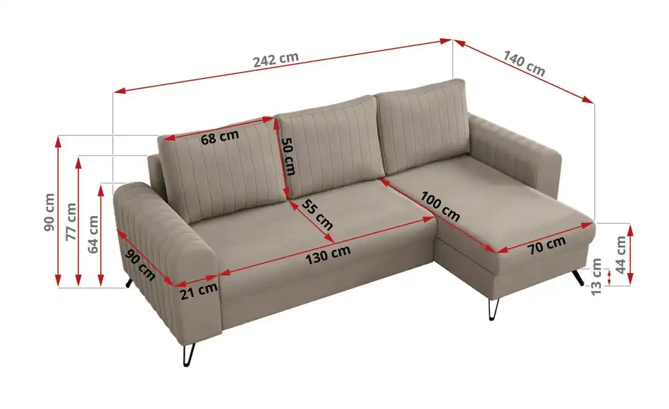 Ecksofa Beige, Bemaßung