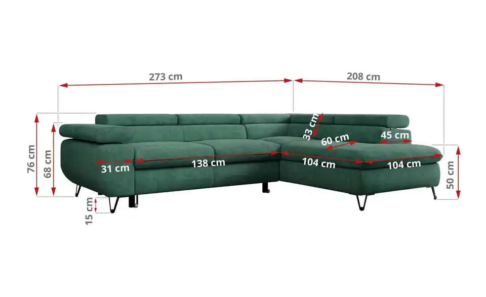 Ecksofa Grün Peter, Bemaßung