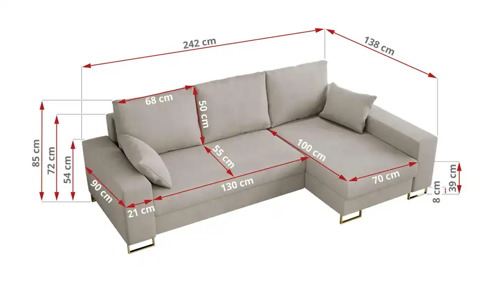Ecksofa Beige, Bemaßung